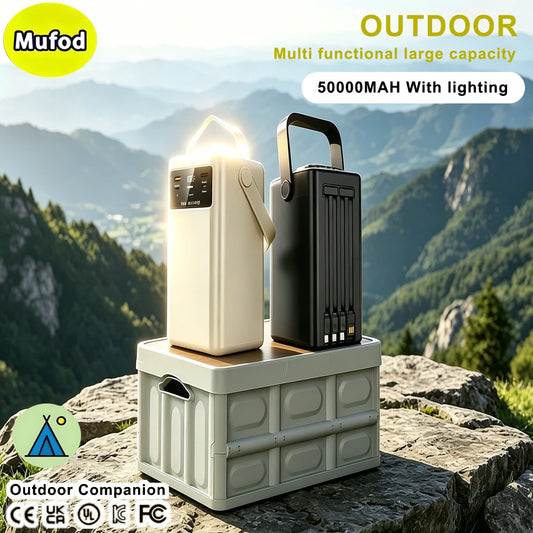 Outdoor Portable Battery Multifunctional Power Bank 50000mAh Large Capacity PD22.5 20W Ultra Fast Charging With Cable For Apple Lightning Iphone 17 16 15 Pro Max 3USB Double Type C Samsung Xiaomi Micro Powerbank