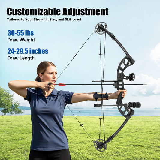 30-55 lbs Compound Bow Adjustable Draw Weight and Length with 3-Pin Sight 12 Arrows Complete Arch Set for Adults Right Hand