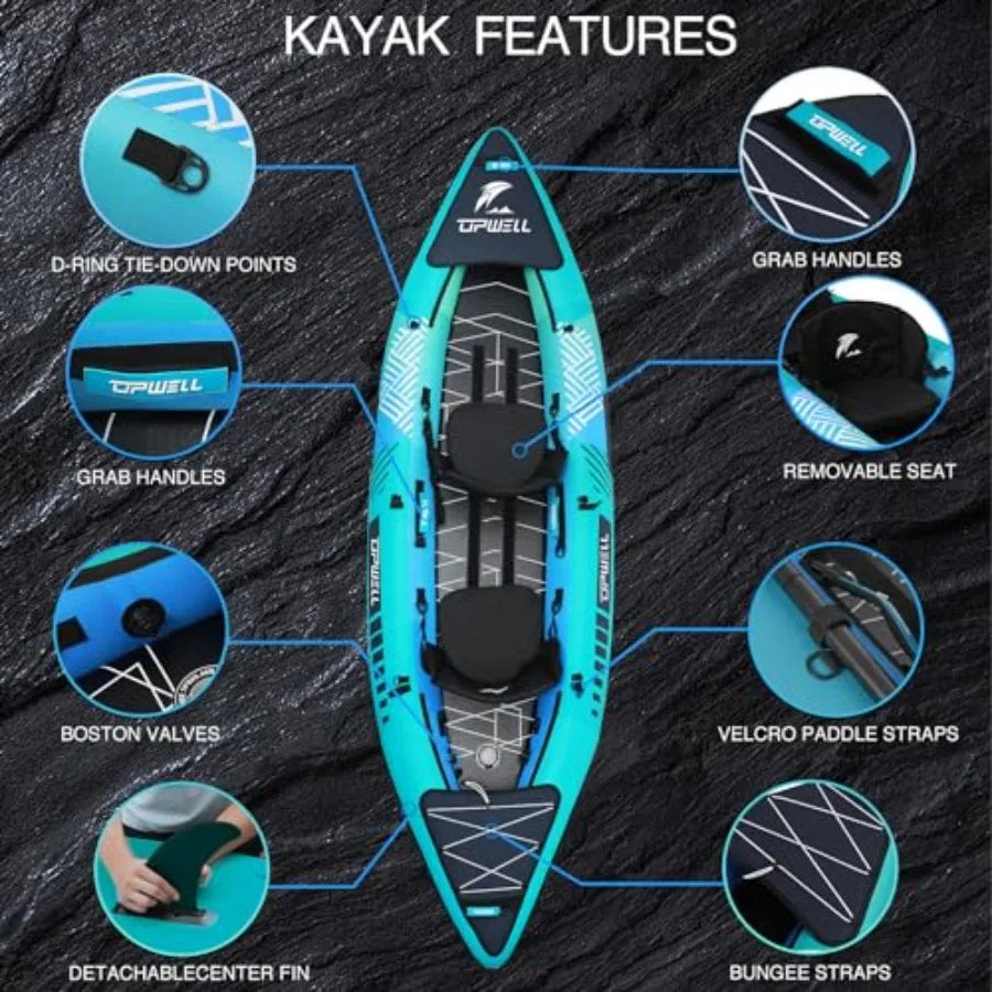 Recreational 2-person inflatable kayak for lakes and calm rivers, PVC material, blue-gray color, drop-stitch floor for rigidity