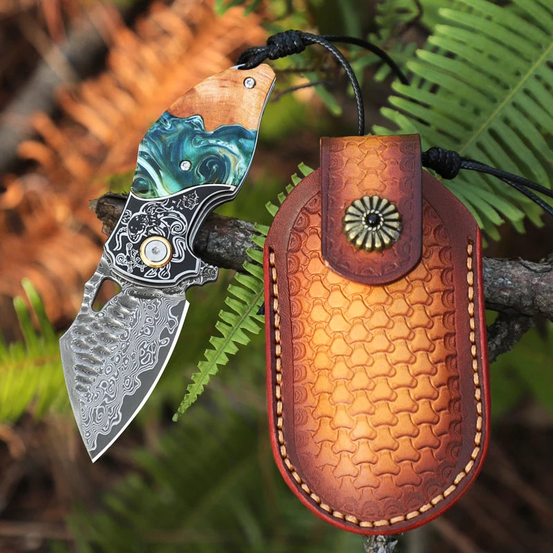 Damascus Steel Folding Pocket Knife, Unisex EDC Knife with Leather Sheath, Ideal for Camping, Exploration, and Survival Use