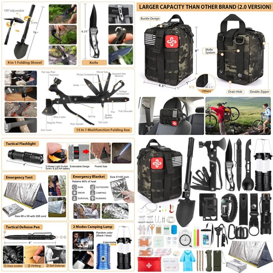 Survival Kit, 250Pcs Survival Gear First Aid Kit with Molle System Compatible Bag and Emergency Tent, Emergency Kit for Earthqu