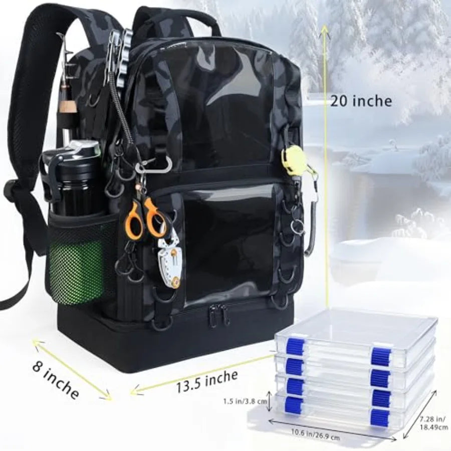 Fishing Tackle Backpack with 4 Tackle Boxes, 45L Large Tackle Bag with 2 Rod Holders and Clear Window, Outdoor Fishing Backpack