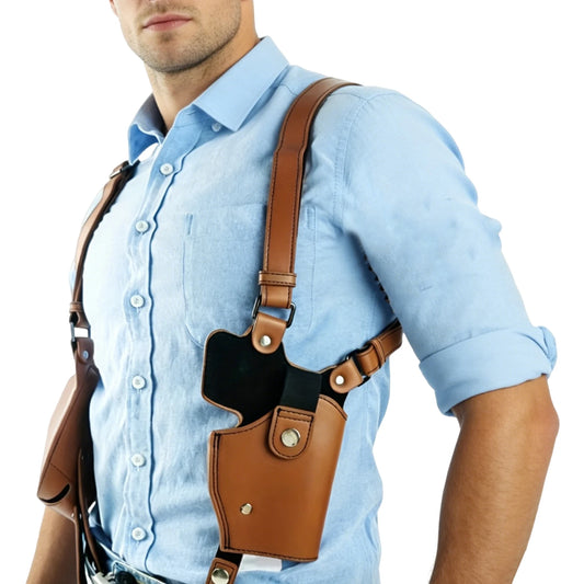 Leather General Vertical Gun Holster with Double Mag Fit Adjustable Concealed Carry Gun Holster Fit Most Kinds of Pistols