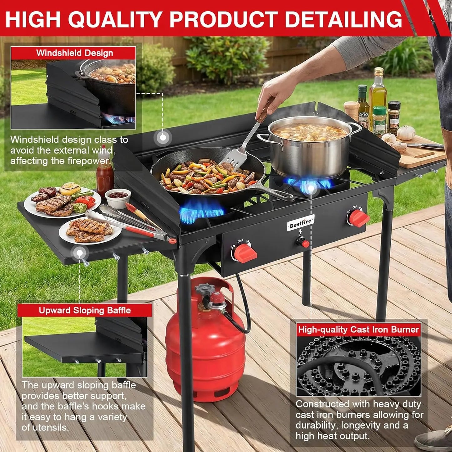 2 Burner Camping Stove with Windscreen& Side Shelves, Bag, Auto Ignition Button,Regulator,150,000
