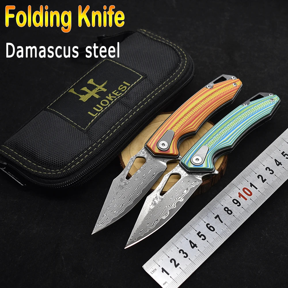Damascus Steel G10 Handle Folding Knife, Outdoor Pocket Knife,  Ideal for Outdoor Camping and Hiking Tool EDC