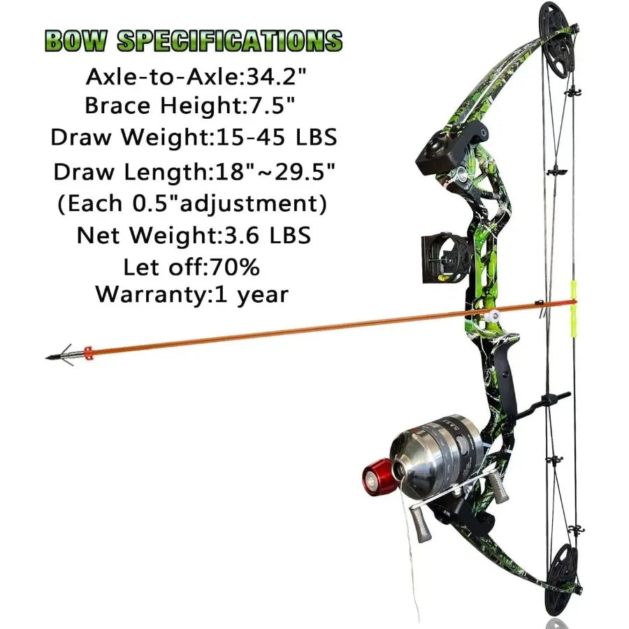 Bowfishing Bow Kit with Arrow Ready to Shoot Right Handed 15-45 LBS Draw Length 18"-29.5" AdjustableAxle-to-Axle: 34.2" Complet