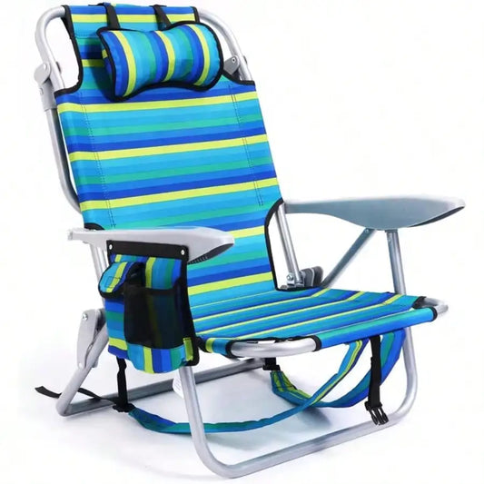 1PC Portable Beach Chair For Adults- Reclining Camping Chair With Headrest& Cup Holder, Lightweight Foldable Design For Backpack