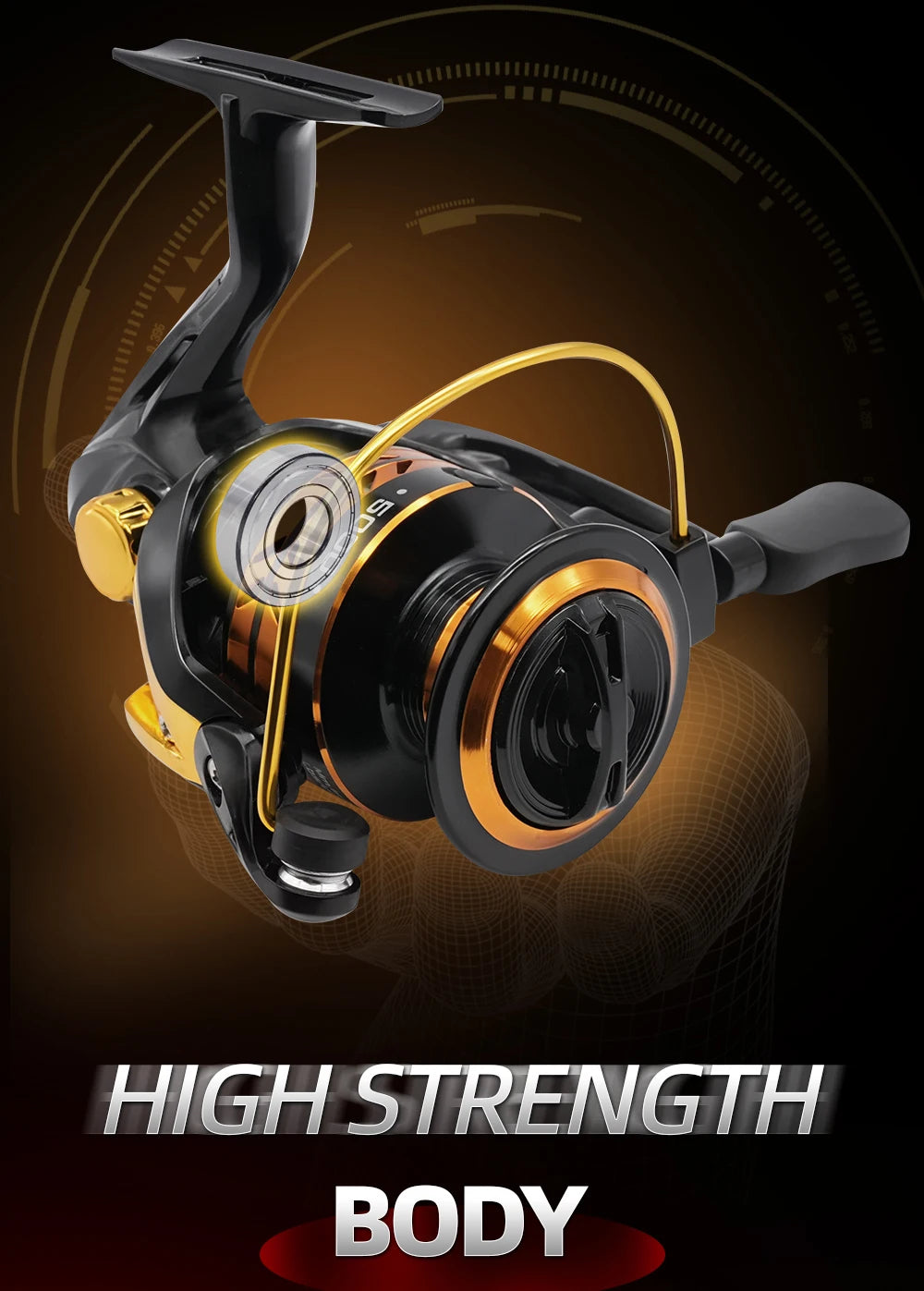 RYG-Z Ultra-Light Spinning Reel - 7 oz, Gold Color, for Bass Fishing, 5+1 Sealed Bearings, 22 lbs Max Drag, 5.2:1 Gear Ratio