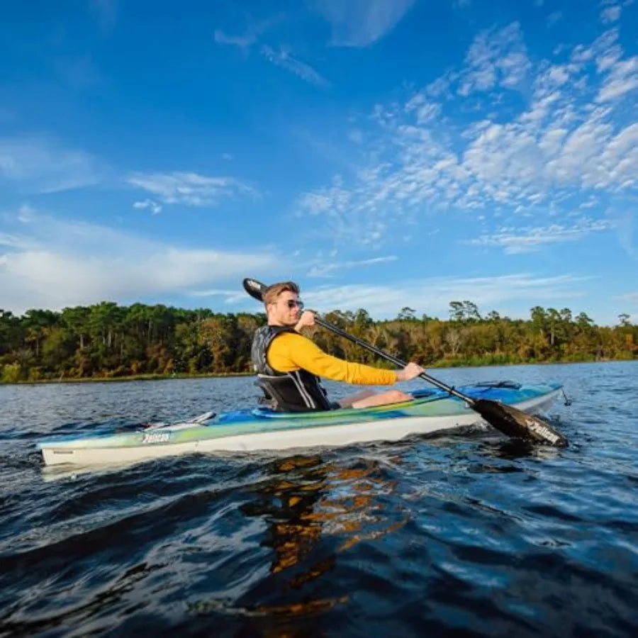 Recreational sit-in kayak for calm water use, lightweight patented Ram-X material, black color, ergonomic Ergobreeze seating sy
