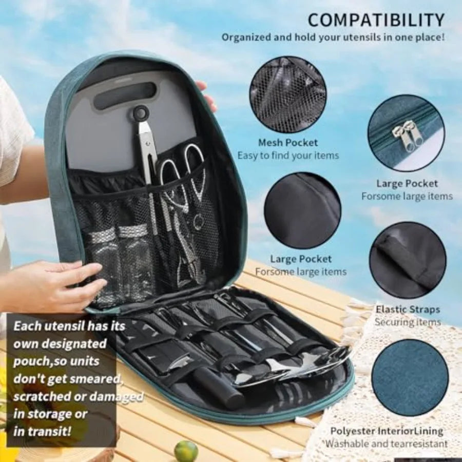Camping Kitchen Cooking Utensil Set 10 Piece, Stainl Steel Outdoor Cooking and Grilling Utensil Organizer Travel Set Perfect fo