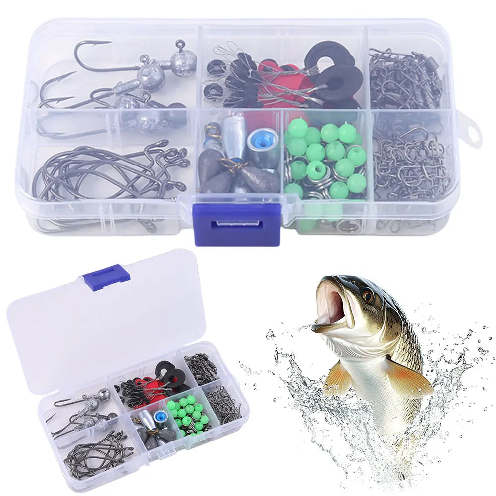 170pcs Fishing Tools Accessories Kit Set with Fishing Box Fish Hooks Swivels Sinkers Fishing Gear Set Gift for Men
