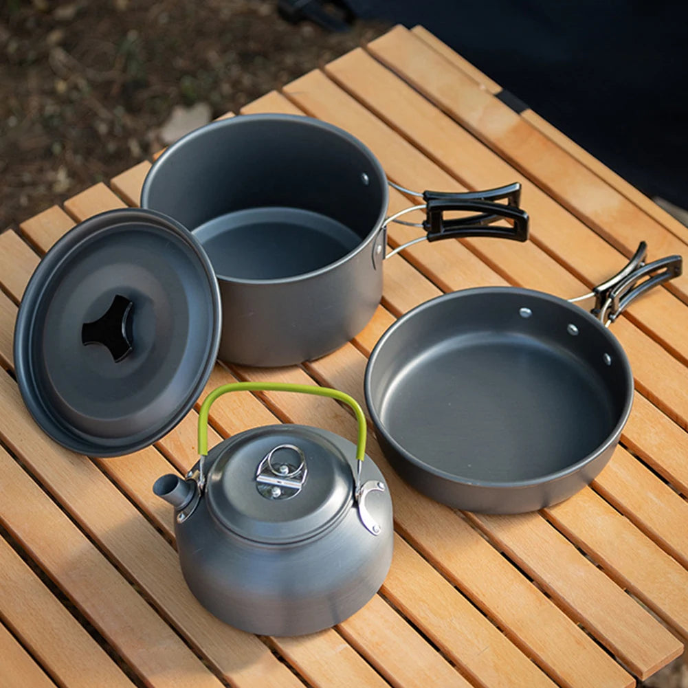 3PCS Outdoor Camping Pot Set Pot Pan Kettle Set Portable Cooker Set with Mesh Bag for Camping Backpacking Outdoor Cooking Picnic