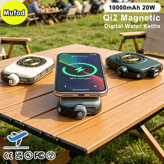 Outdoor Kettle Magnetic Portable Power Bank 10000mAh Qi2 Wireless Charge 20W Bidirectional Wired Fast Charging PD 22.5W Type C Cable Powerbank For Iphone 17 16 15 Pro Max Magsafe Xiaomi Samsung Mobile Battery