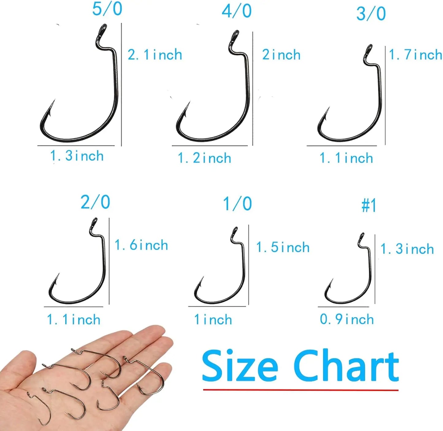 Worm Hooks for Bass Fishing Hooks, 110pcs Bass Hooks Fishing, 6 Sizes Fishing Hooks Freshwater, Eagle Claw Hooks #1 1/0 2/0 3/0