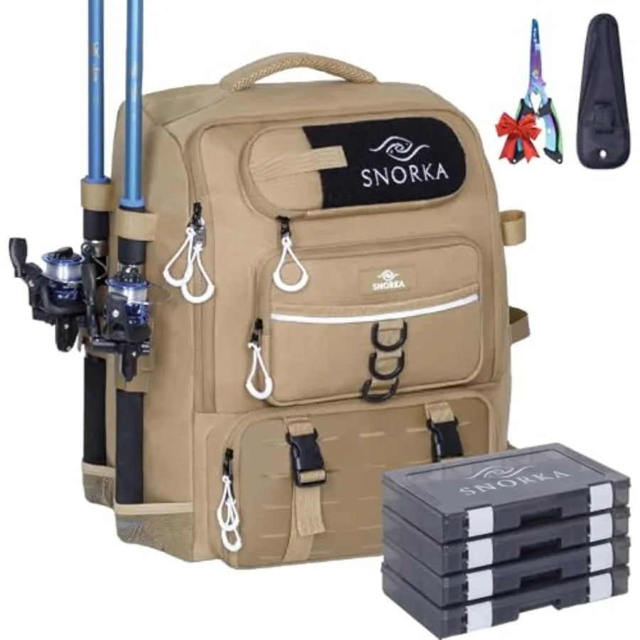 Fishing Backpack with Tackle Boxes and Rod Holders 40L; Plus Rain Cover, Padded Back Support, Insulated Front Pocket for Hot/Co