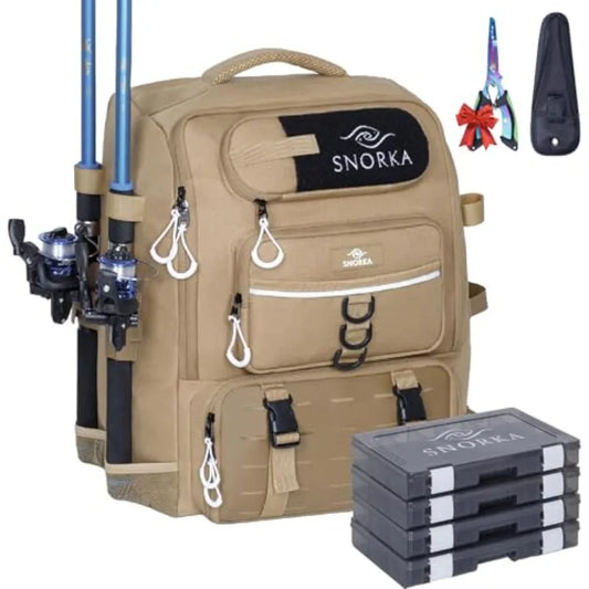 Fishing Backpack with Tackle Boxes and Rod Holders 40L; Plus Rain Cover, Padded Back Support, Insulated Front Pocket for Hot/Co