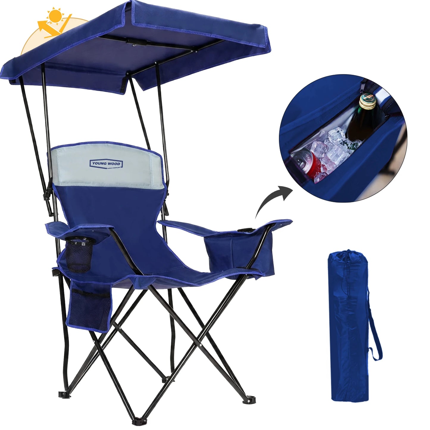 YOUNG WOOD Foldable Canopy Camping Chair Blue with Cooler Bag, Portable Outdoor Lawn Chair with Sun Shade, Cup Holder & Side Pocket, Heavy Duty Folding Beach Chair for Picnic Fishing Patio