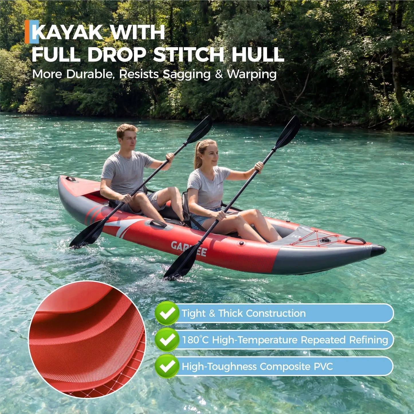 2 Person Inflatable Kayak 12.5 ft, Fishing Kayak for Adults with Padded Seat and 3 Fins, Portable Touring Kayak