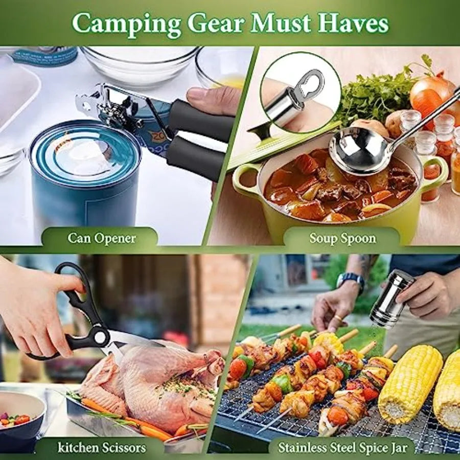 Camping Cooking Utensils Set, Stainl Steel Grill Tools, Camping BBQ Cookware Gear and Equipment for Travel Tenting RV Van Picni