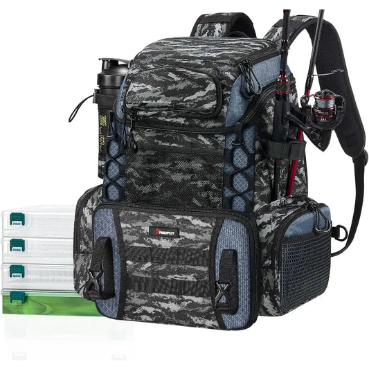 Fishing Tackle Backpack with Rod Holders and 4 Tackle Boxes for Outdoor Fishing Adventures Waterproof Rain Cover Included for P
