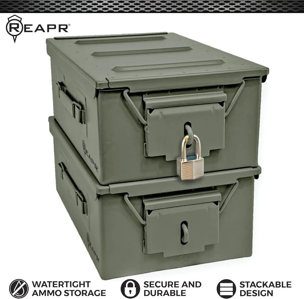 Heavy Duty Locking Metal Ammo Storage Box, Airtight Watertight 30 Cal 50 Cal Case for Rifle Shotgun Pistol, Military Footlocker Style Tool Organizer