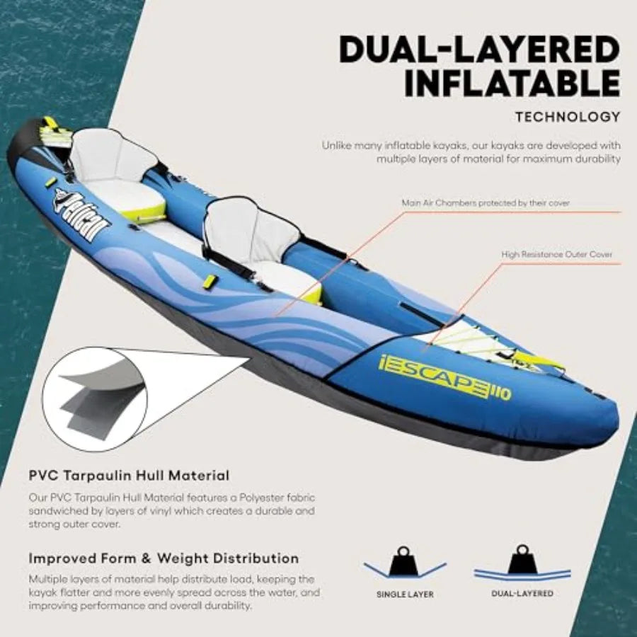 Recreational inflatable kayak for 1 or 2 persons: PVC material, blue-gray color, ultra-compact foldable design with enhanced st