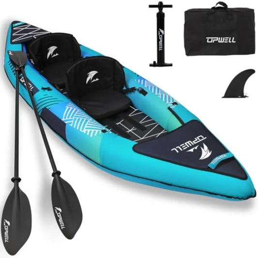 Recreational 2-person inflatable kayak for lakes and calm rivers, PVC material, blue-gray color, drop-stitch floor for rigidity