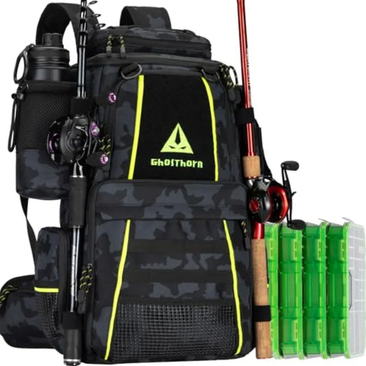 Fishing Tackle Backpack 43L Outdoor Waterproof Storage Bag with 4×3600 Tackle Boxes Rod Holder and Detachable Waist B