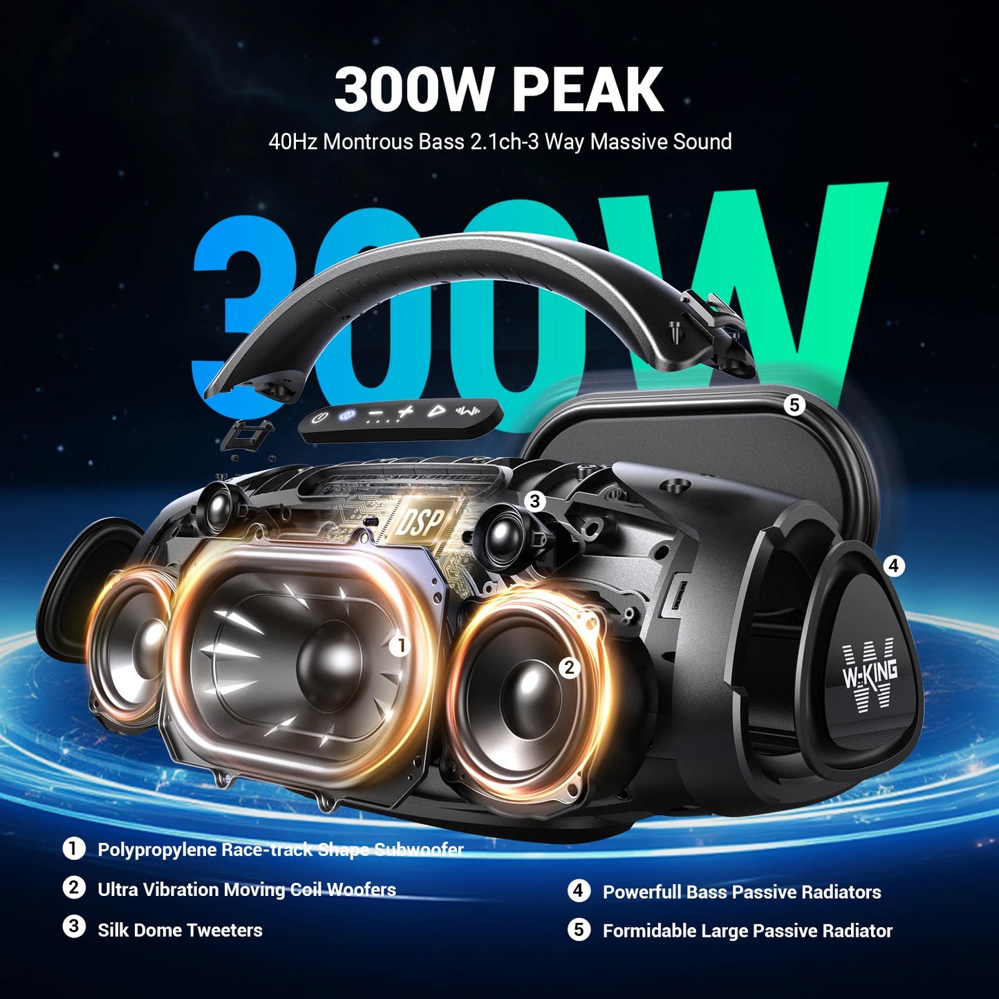 W-KING 200W RMS Portable Bluetooth Speakers, Massive Bass Party Boombox IPX7 Waterproof Speaker Large, Loud Outdoor Speaker