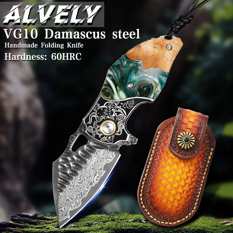 Damascus Steel Folding Pocket Knife, Unisex EDC Knife with Leather Sheath, Ideal for Camping, Exploration, and Survival Use