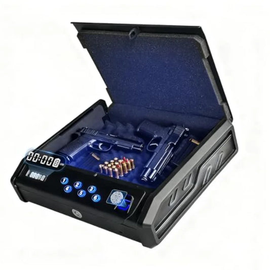 gun safe with 3 Quick-Access Fingerprint Passcode Key.with LCD Display with Pistol Safe Handgun Safe Hand Gun Lock Box for Home