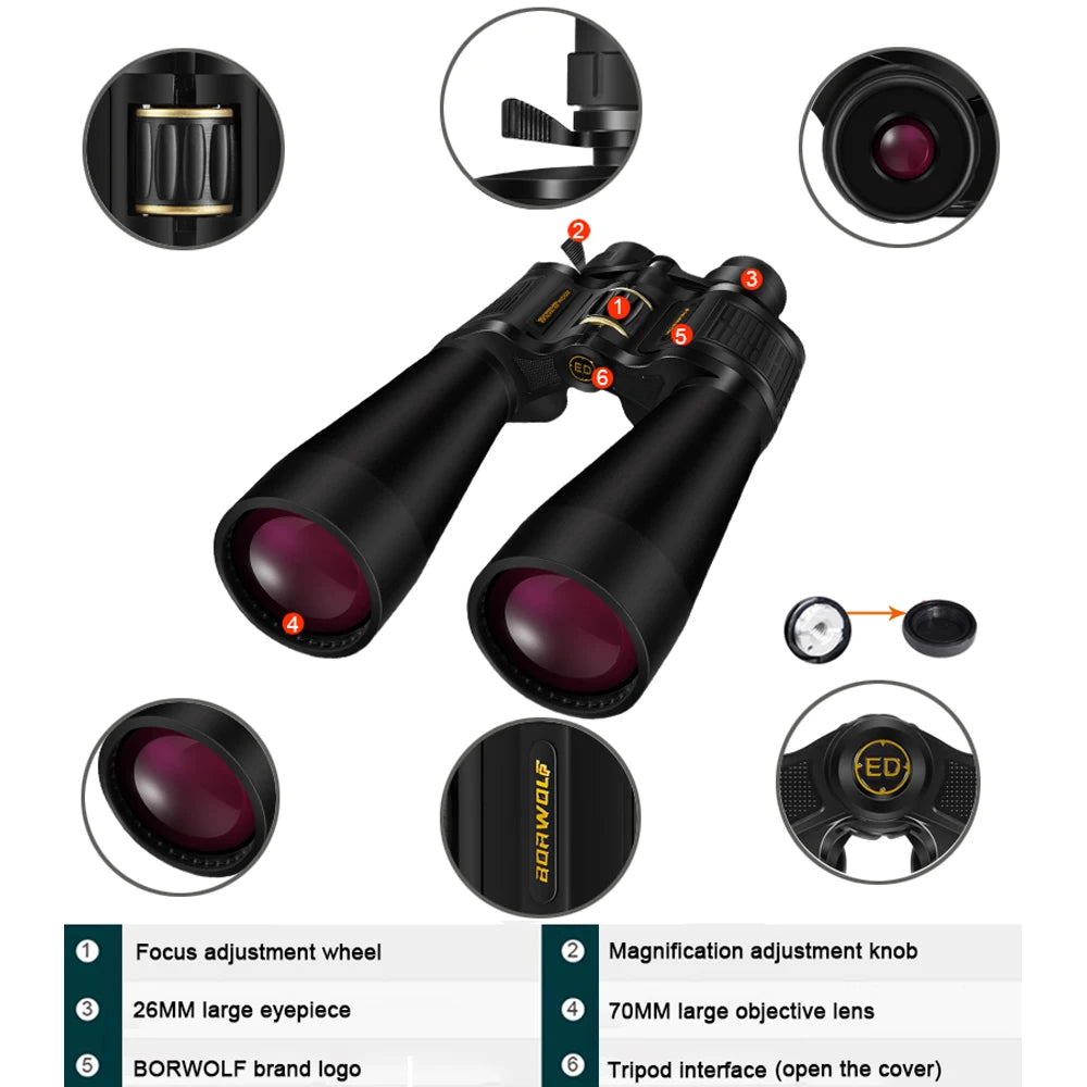 BORWOLF Large Objective lens 25-75X70 Binoculars  FMC Optical  High Power Hunting Birdwatching Telescope