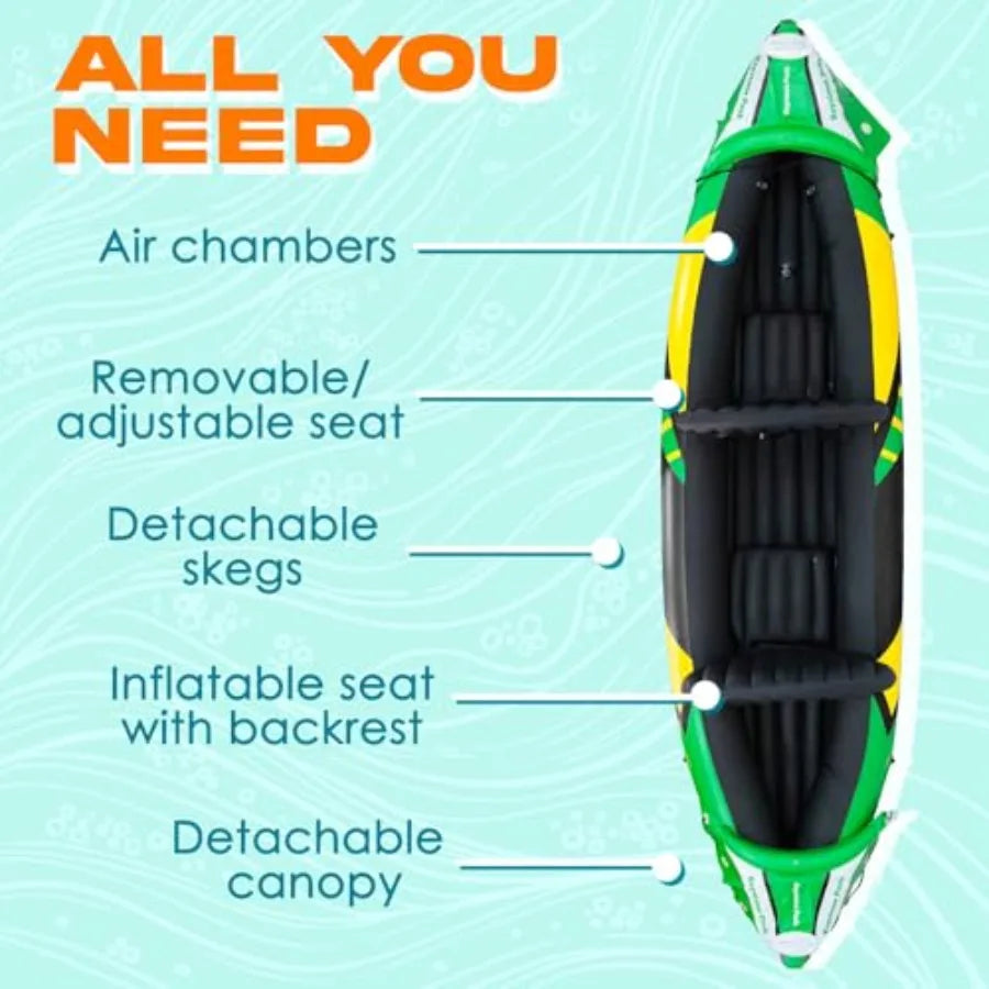 Inflatable Kayak 2 Person with Detachable Sun Canopy Heavy-Duty Tandem Kayak for Adults Reinforced Paddles, Waterproof Phone Ba
