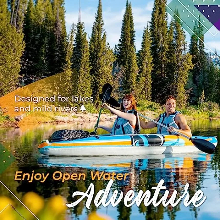 Inflatable Kayak 2 Person for Lakes Rivers, PVC Material, Gray/Blue, Includes Canopy, Aluminum Oars, Air Pump Carry Bag, 400 LB