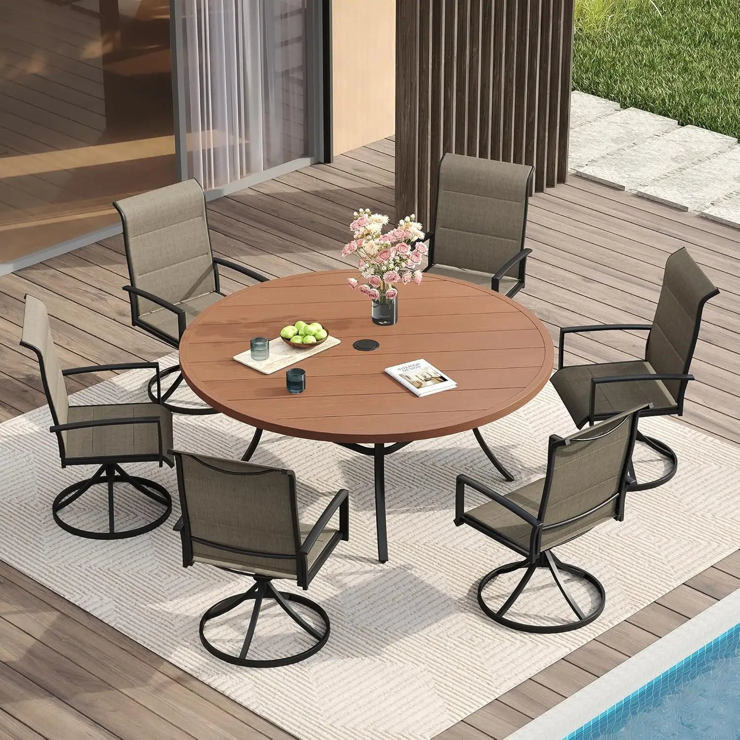 7 Pieces Patio Dining Set for 6-Outdoor Furniture Includes 53" Round Outdoor Table and Swivel Padded Chairs,, Customized