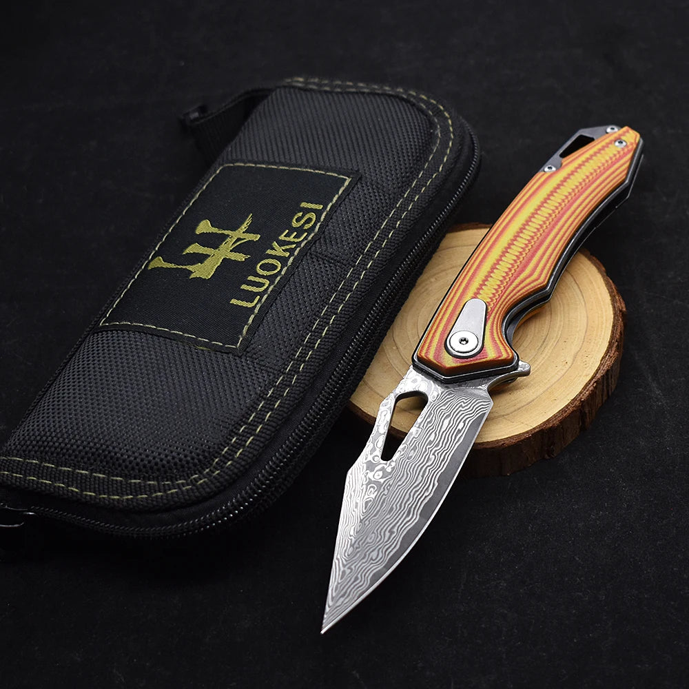 Damascus Steel G10 Handle Folding Knife, Outdoor Pocket Knife,  Ideal for Outdoor Camping and Hiking Tool EDC