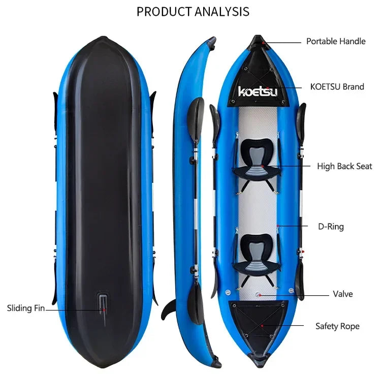 KOETSU 1-2 Persons Inflatable PVC Kayak Fishing Canoe Dinghy 3.0/3.7 M Single/Double Kayak Boats for Rafting Water Sports