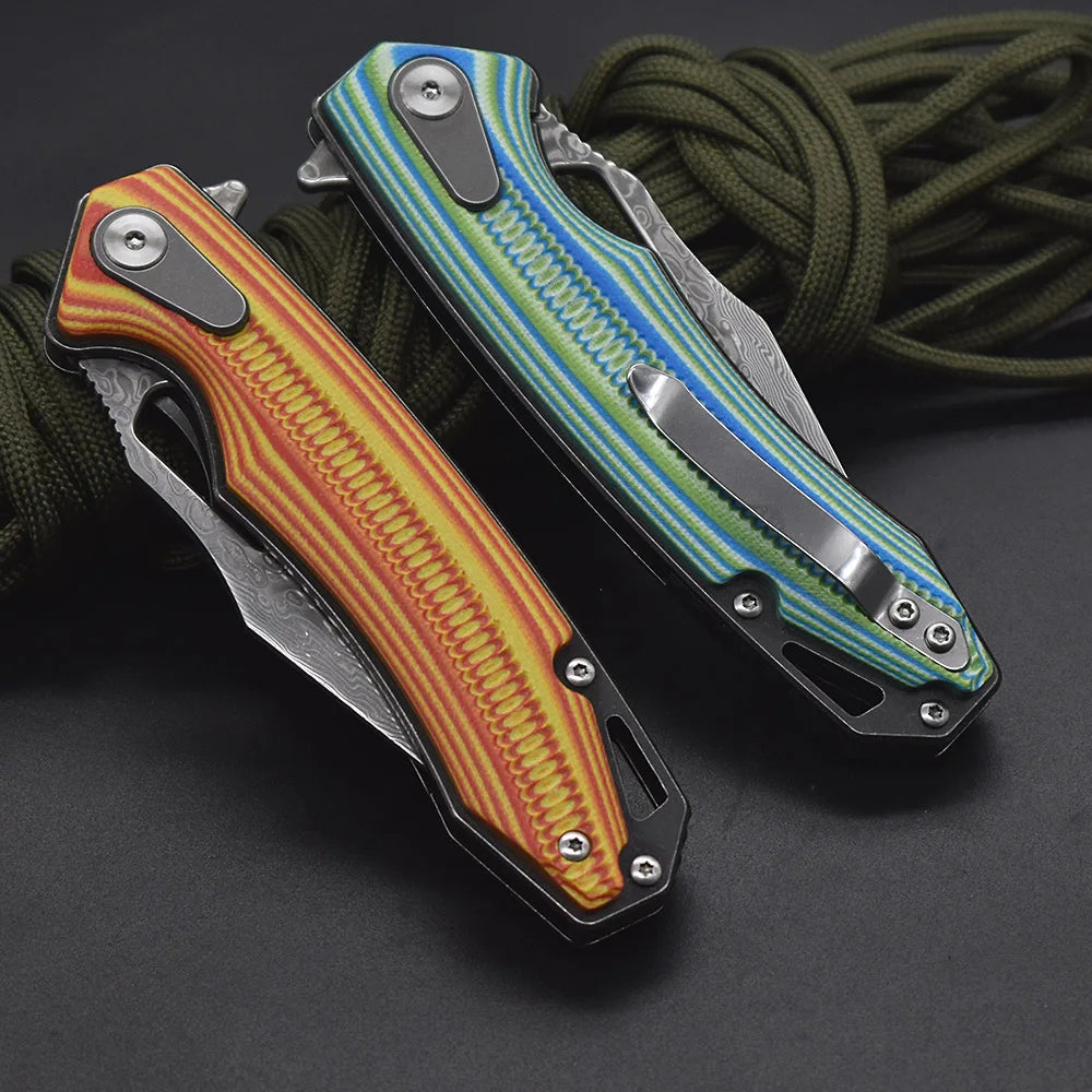 Damascus Steel G10 Handle Folding Knife, Outdoor Pocket Knife,  Ideal for Outdoor Camping and Hiking Tool EDC