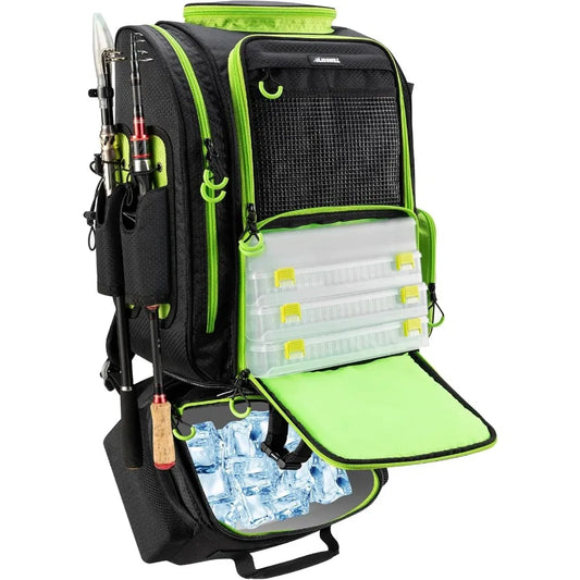 Large Fishing Backpack with Cooler for 3 Tackle Boxes Durable Fishing Bag with Integrated Rod Holders Ideal for Camping Hiking