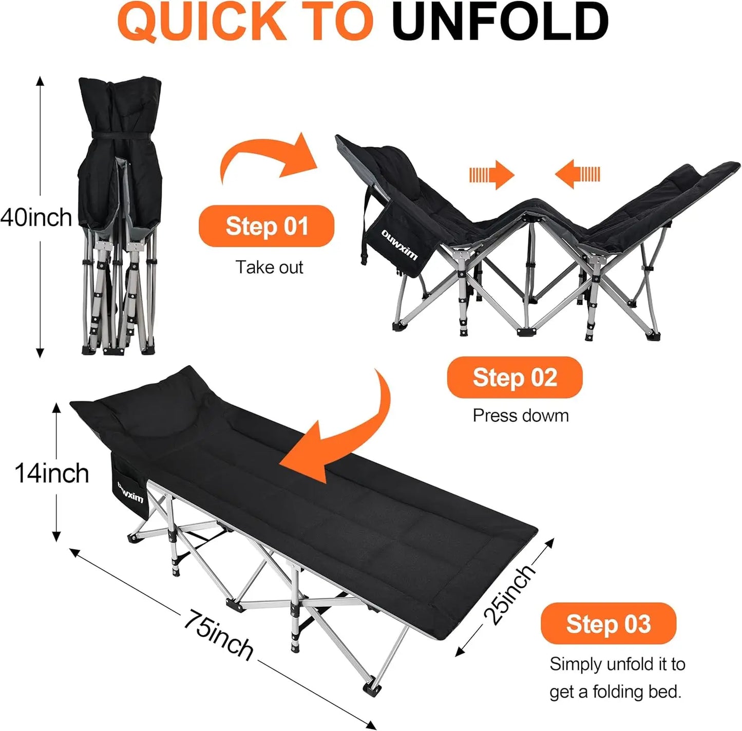Heavy Duty Camping Cot for Adults, 450LBS Capacity, Compact Fold with Pillow & Carry Bag, No Assembly Needed