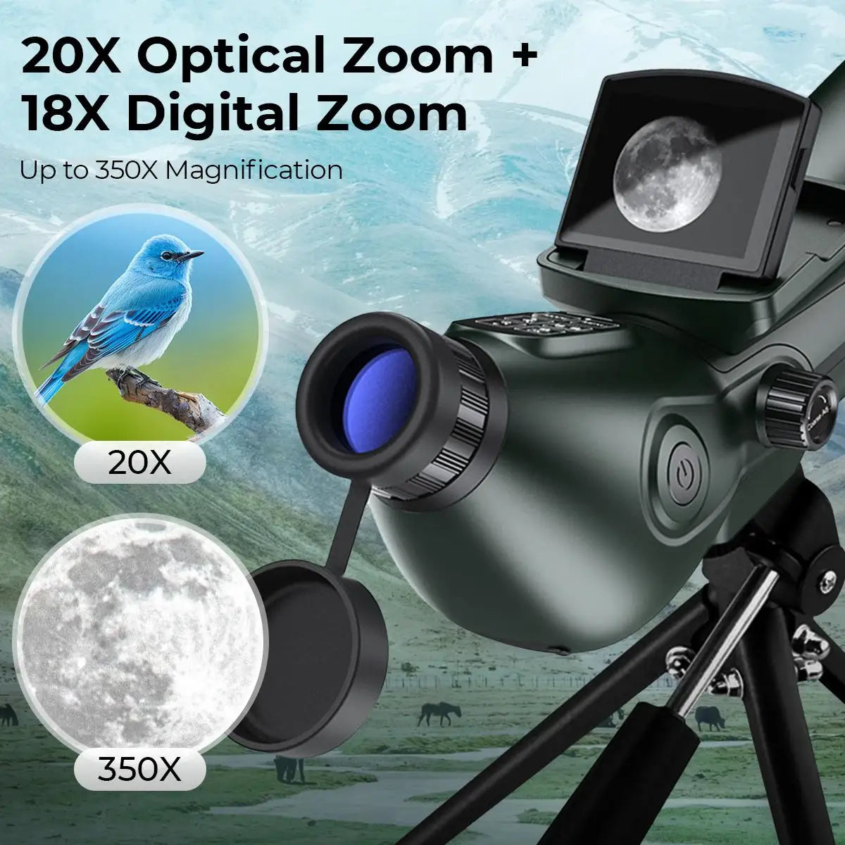 Spotting Scope Monocular Telescope with Camera 4K Video 30MP Photo 3in Display for Moon Star Bird Watching with Tripod 32GB Card