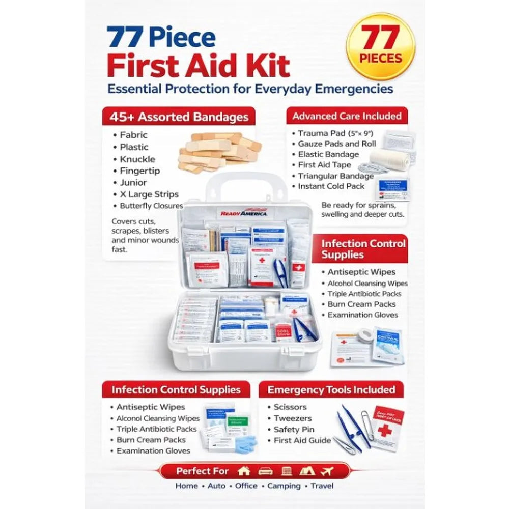 Professional 77 Piece Comprehensive First Aid Kit for Emergency & Survival Situations - Includes Bandages, Gauze, Antiseptic Wipes, Medical Supplies for Home, Car, Workplace, Travel, Outdoor Adventures, Camping, Hiking -