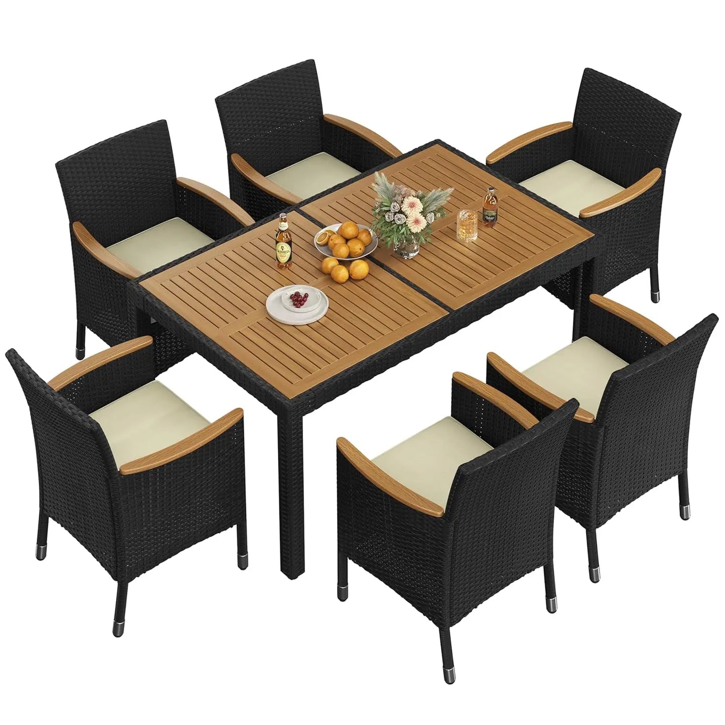 7pc Patio Acacia Wood Dining Set Rattan Conversation Cushioned Chairs Table Backyard Deck Garden Yard Custom
