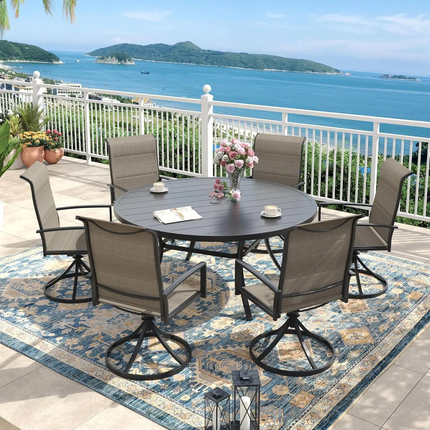 Outdoor Dining Set for 6, 50" Outdoor Dining Table with Umbrella Hole and Padded Textilene Patio Swivel Chairs, 7, Customized