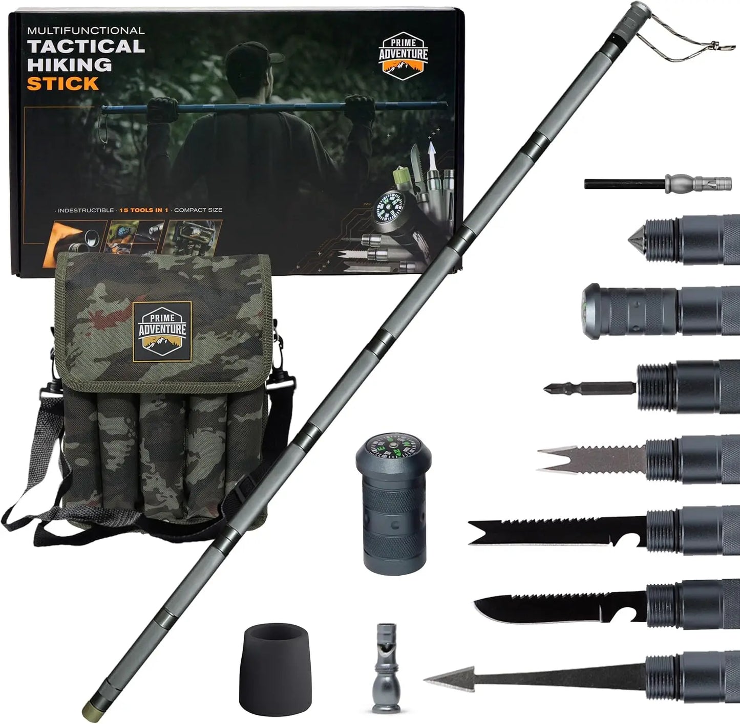 15-in-1 Tactical Survival Walking Stick & Hiking Staff – Heavy-Duty Collapsible Multitool for Camping