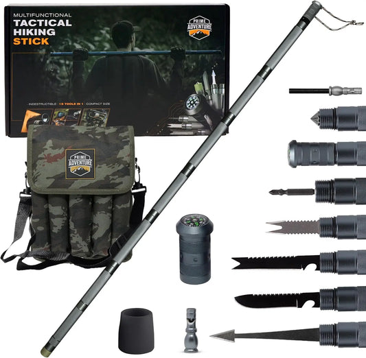 15-in-1 Tactical Survival Walking Stick & Hiking Staff – Heavy-Duty Collapsible Multitool for Camping
