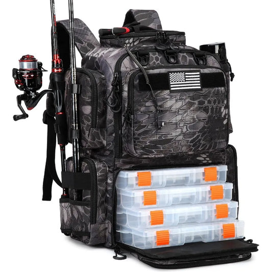 Durable Tactical Fishing Backpack with Tackle Boxes Rod Holders Bottle Holder for Outdoor Angling 50L Large Capacity Fishing Ta
