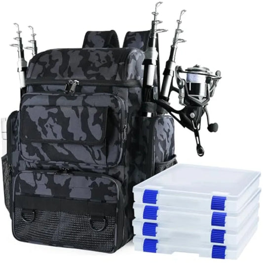 Fishing Backpack with 4 Tackle Boxes 45L Large Tackle Bag Fishing Tackle Backpack for Fishing Camping Hiking Camouflage