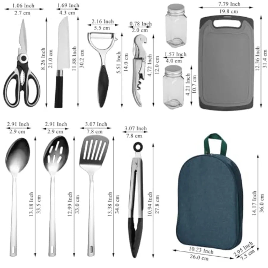 Camping Kitchen Cooking Utensil Set 10 Piece, Stainl Steel Outdoor Cooking and Grilling Utensil Organizer Travel Set Perfect fo