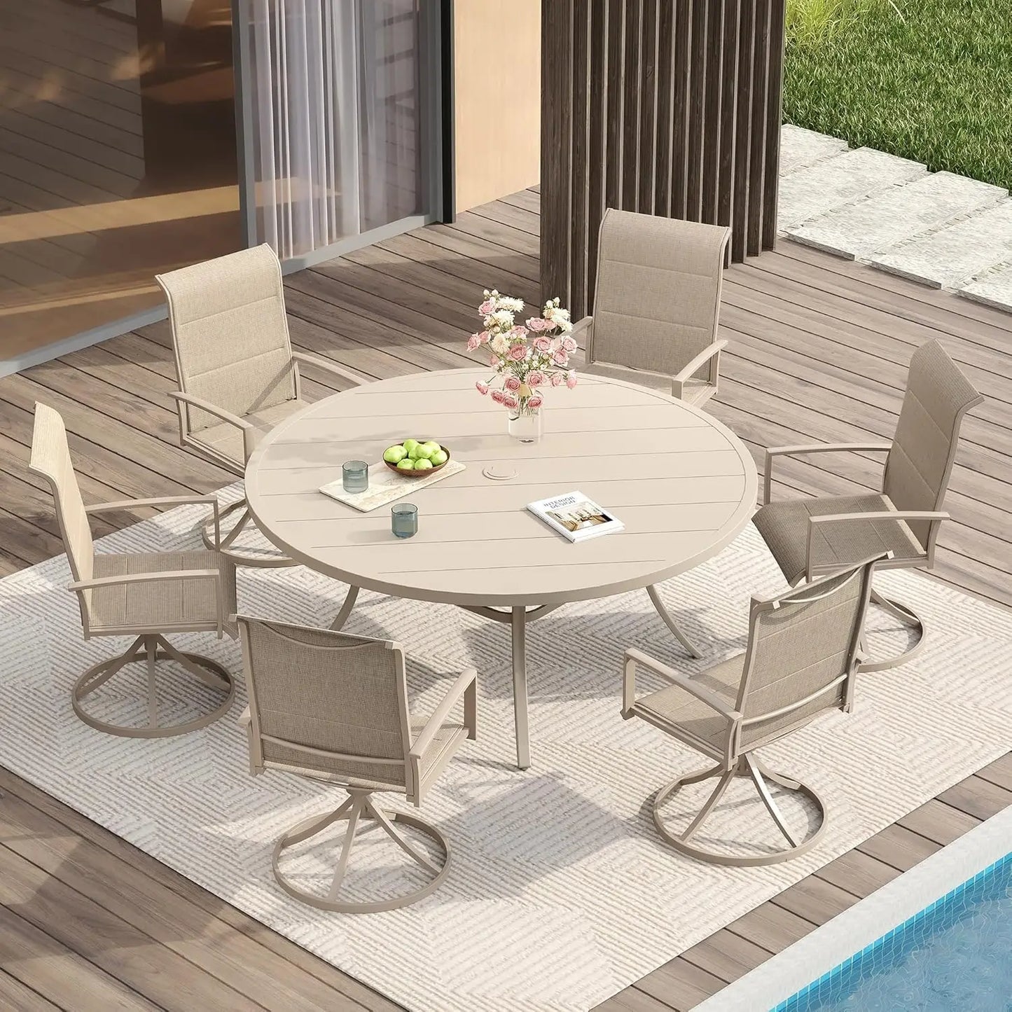 7 Pieces Patio Dining Set for 6-Outdoor Furniture Includes 53" Round Outdoor Table and Swivel Padded Chairs,, Customized
